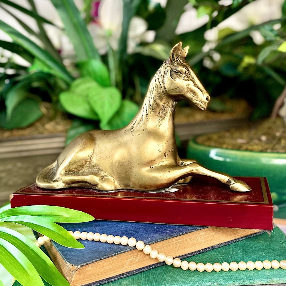 Brass Horse Statue Mounted to Wood Base